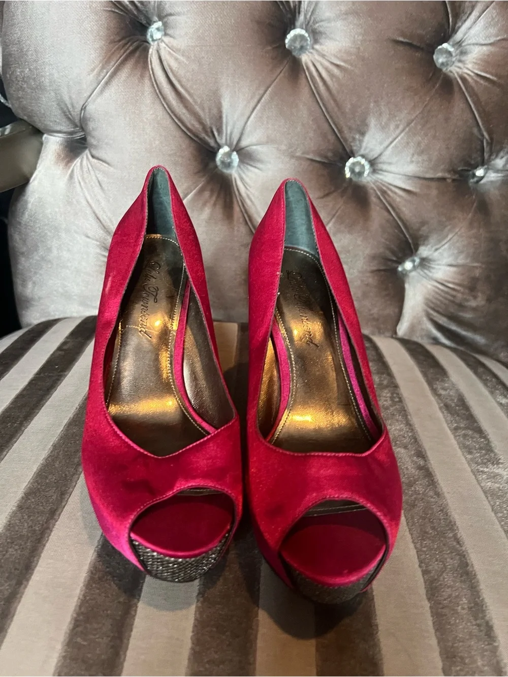 💖 Lulu Townsend Hot Pink Satin Glitter Wedge Heels (Size 7) ✨